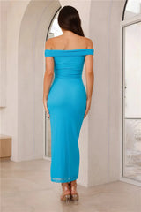 Seductive Shadows Off Shoulder Mesh Maxi Dress Blue